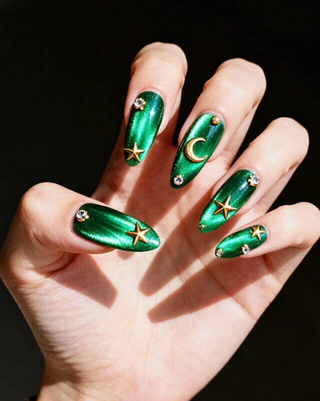 Emerald Green Cat-Eye with Celestial Charms Long Almond Nails Emerald Green Cat-Eye with Celestial Charms Long Almond Nails — Emerald Green Nails