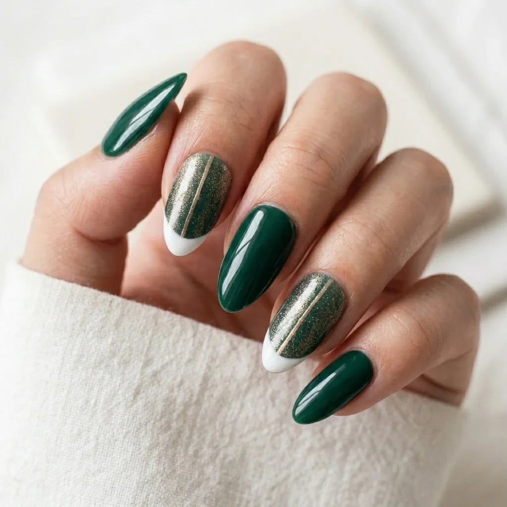 Dark Emerald Green Almond Nails with White French Tips and Gold Dark Emerald Green Almond Nails with White French Tips and Gold — Emerald Green Nails