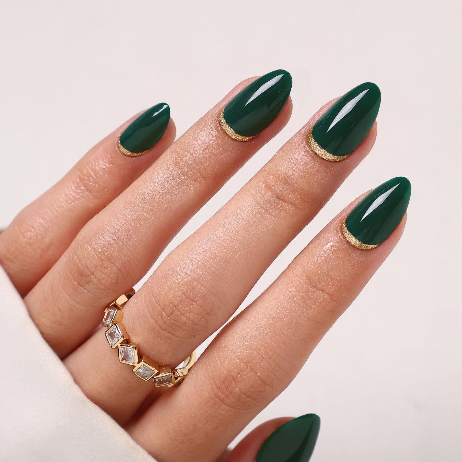 Deep Emerald Green Almond Nails with Gold French Line Deep Emerald Green Almond Nails with Gold French Line — Emerald Green Nails