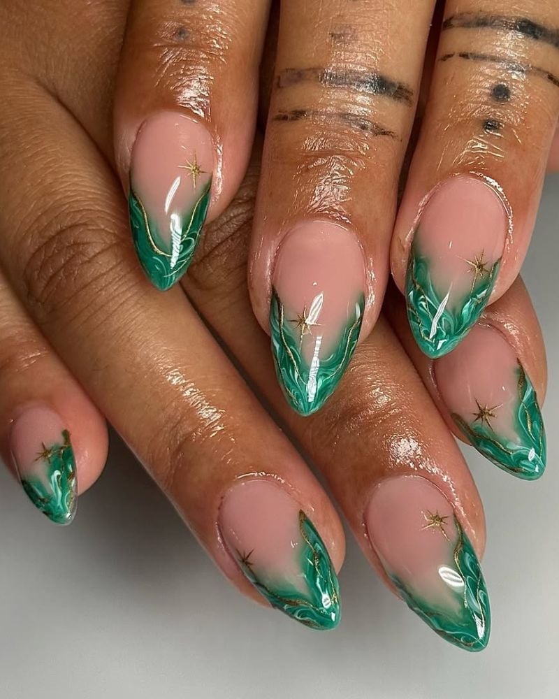 Emerald Green Swirl French Tips Medium Almond Nails Emerald Green Swirl French Tips Medium Almond Nails — Emerald Green Nails
