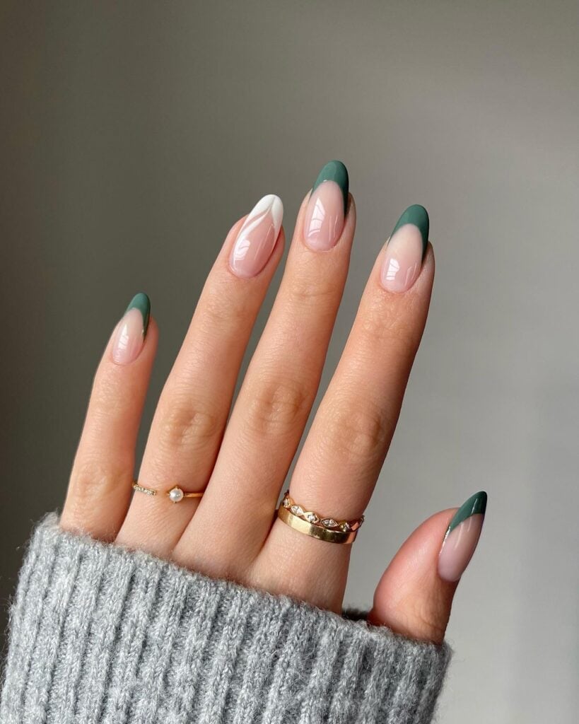 Natural Pink Base Dark Green French Tips Medium Almond Nails Natural Pink Base Dark Green French Tips Medium Almond Nails — Emerald Green Nails