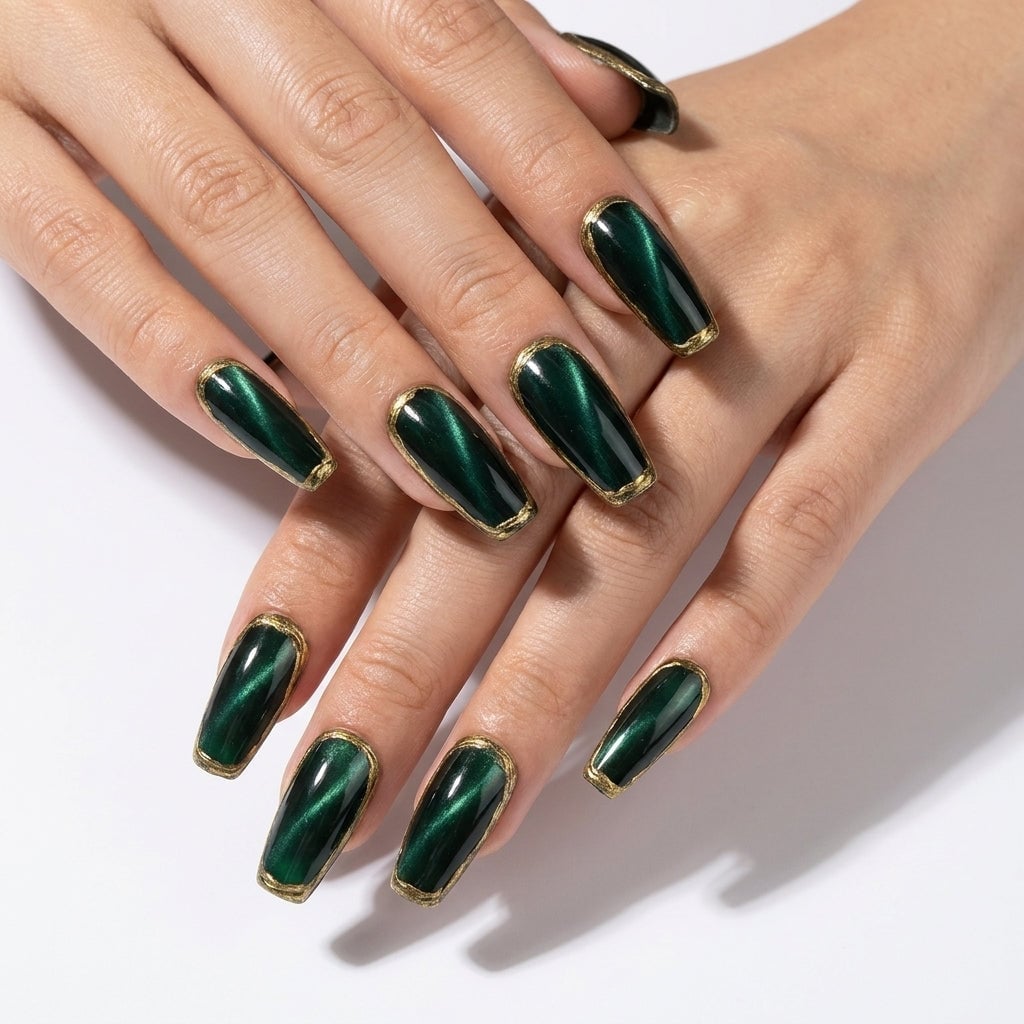 Dark Emerald Green Cat-Eye Nails with Gold Border Dark Emerald Green Cat-Eye Nails with Gold Border — Emerald Green Nails