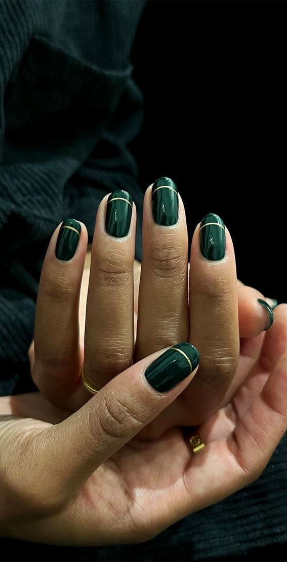 Short Rounded Square Emerald Green Nails with Gold, Close-Up Take Short Rounded Square Emerald Green Nails with Gold, Close-Up Take