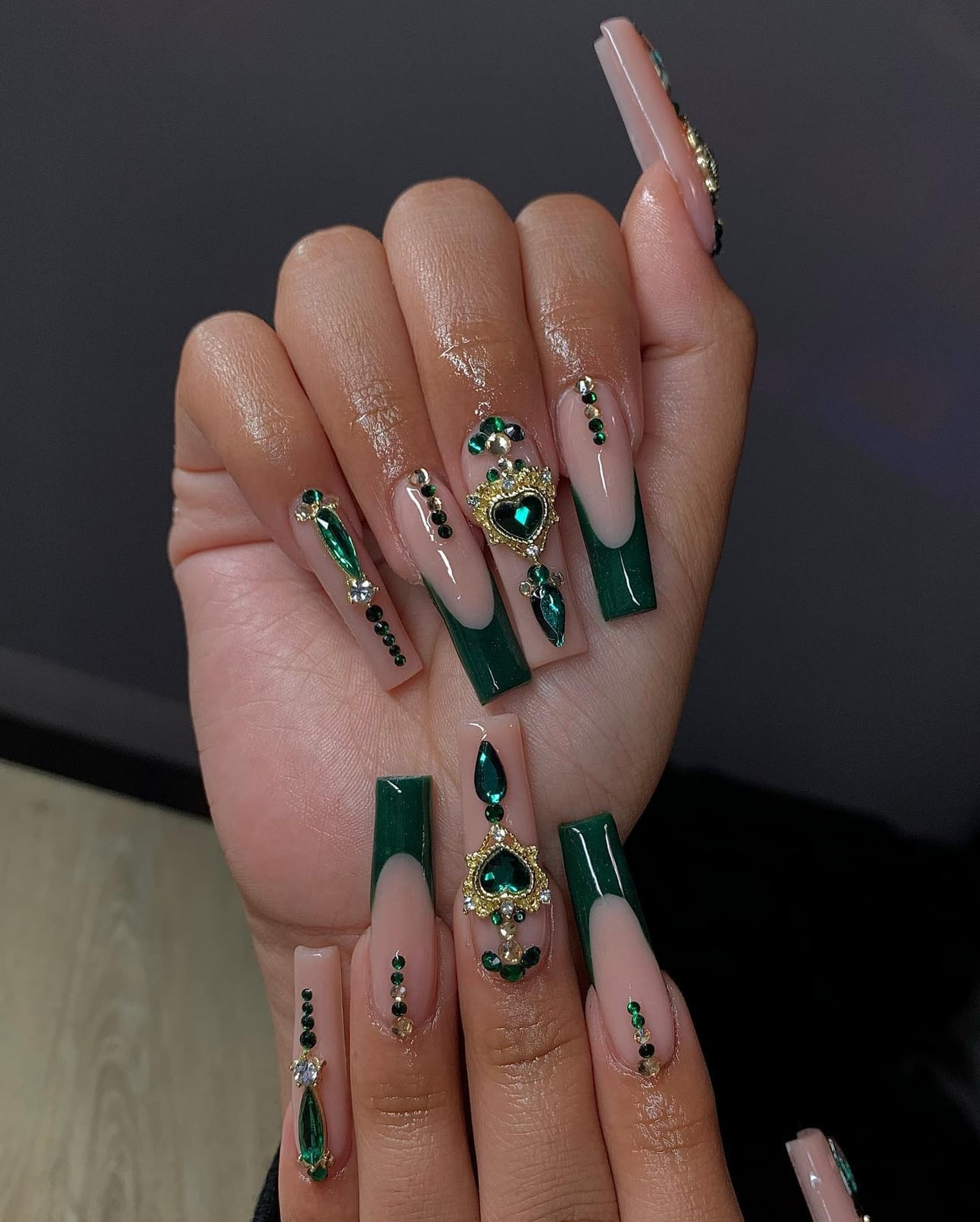Long Square Emerald Green French Tips with Gem Embellishments Long Square Emerald Green French Tips with Gem Embellishments — Emerald Green Nails