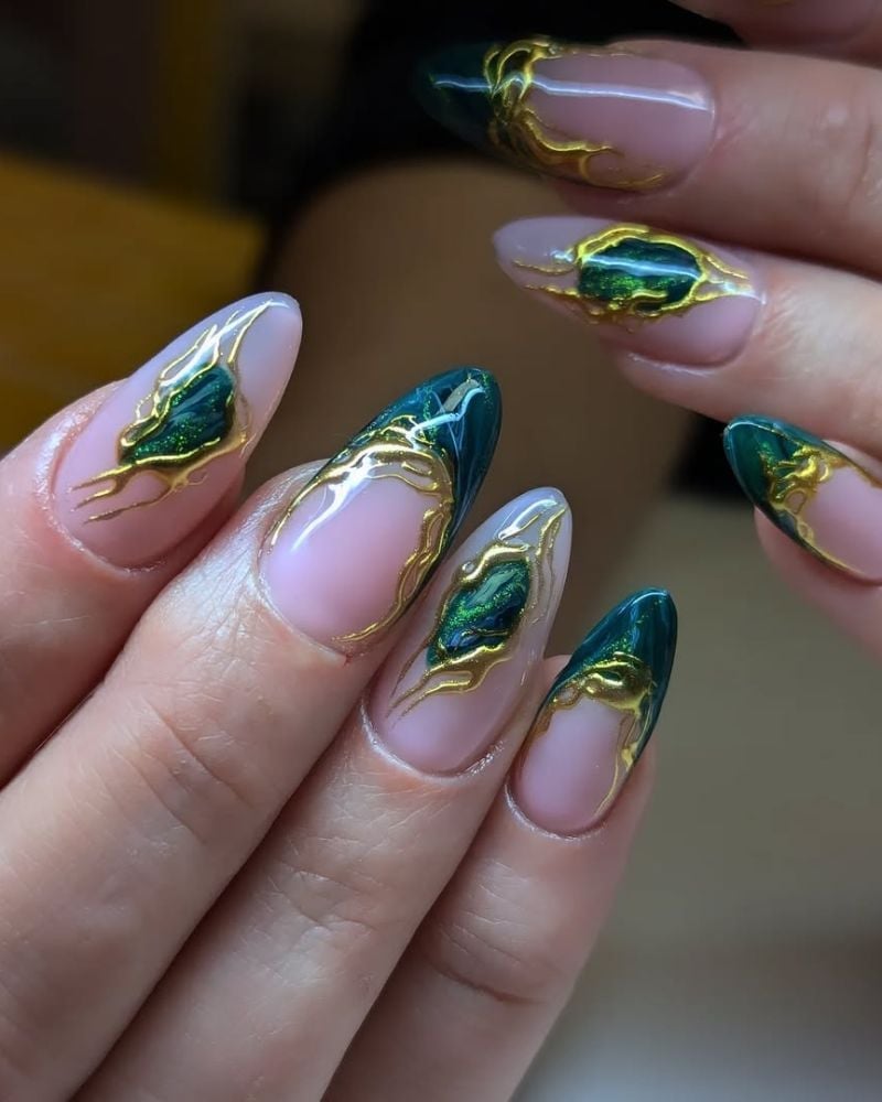 Emerald Green Jewel Accents Long Almond Nails Emerald Green Jewel Accents Long Almond Nails — Emerald Green Nails