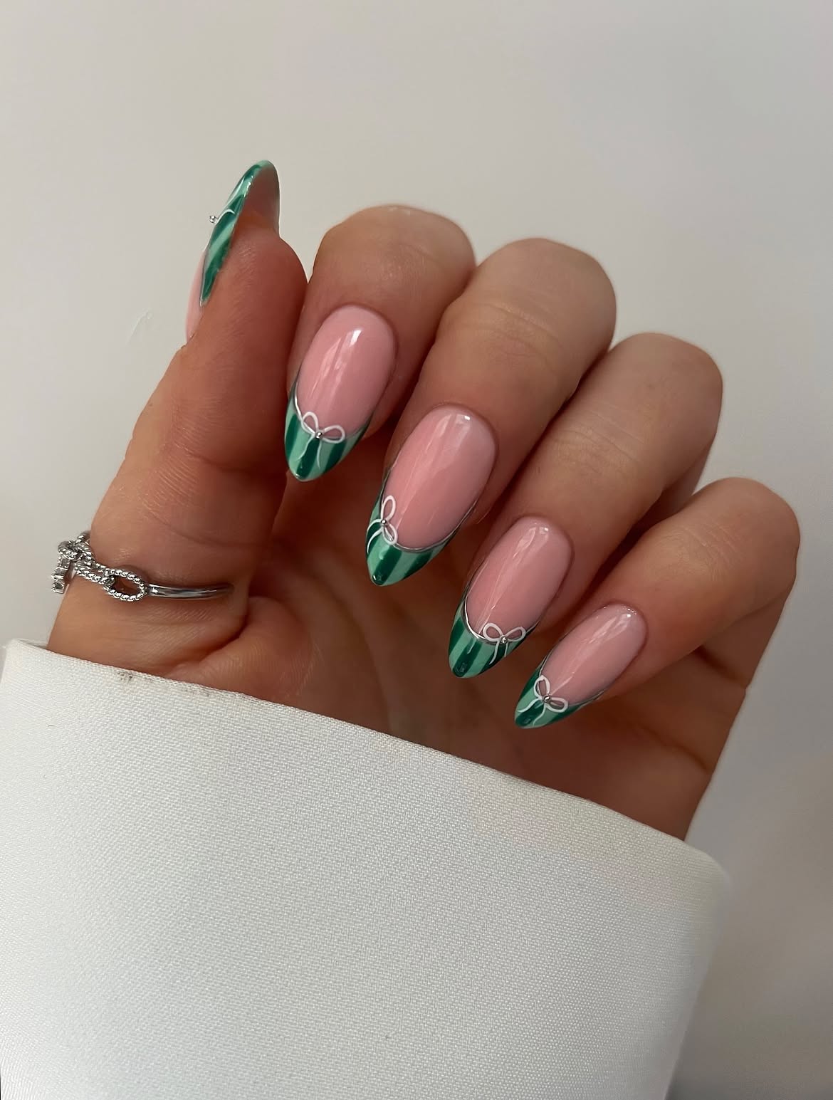 Emerald Green Striped Bow French Almond Nails