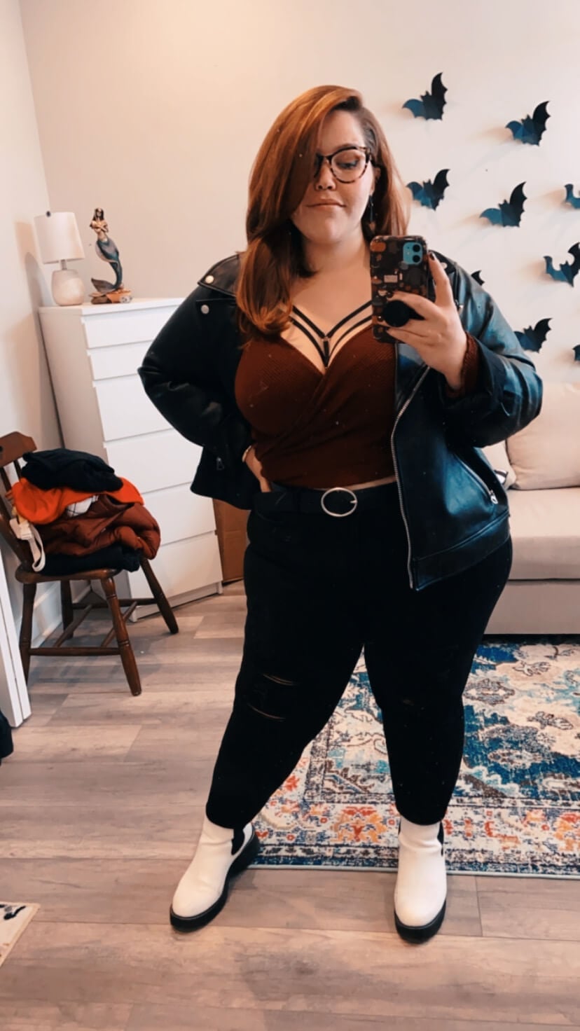 Leather Jacket Over Burgundy Wrap Top And Ripped Jeans Leather Jacket Over Burgundy Wrap Top And Ripped Jeans — Emo Outfits