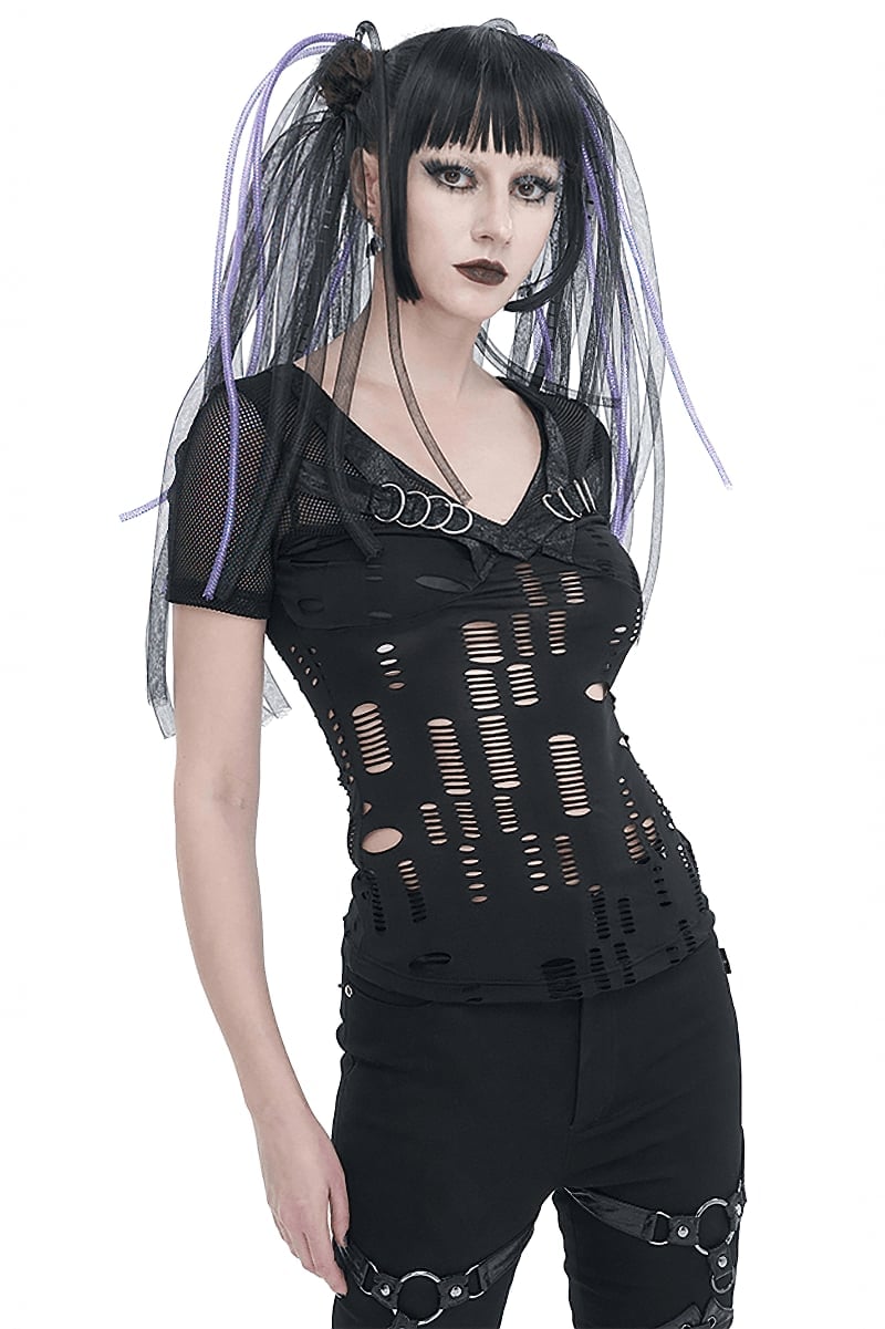 Distressed Mesh T-Shirt With Harness Details Distressed Mesh T-Shirt With Harness Details — Emo Outfits