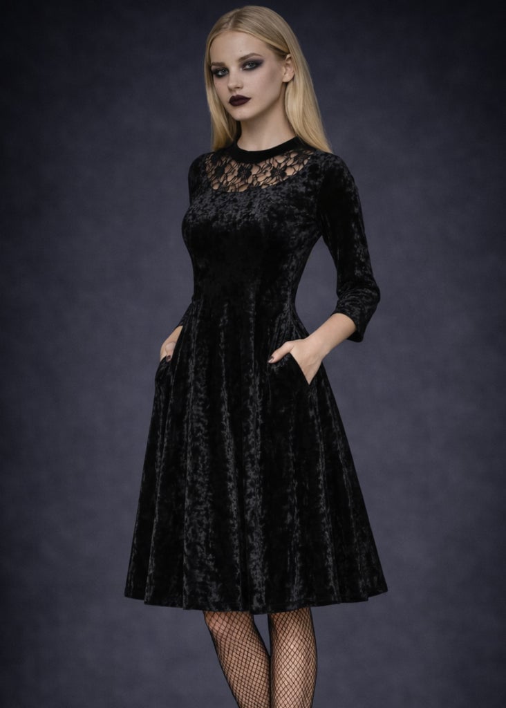 Velvet Midi Dress With Lace Neckline Velvet Midi Dress With Lace Neckline — Emo Outfits