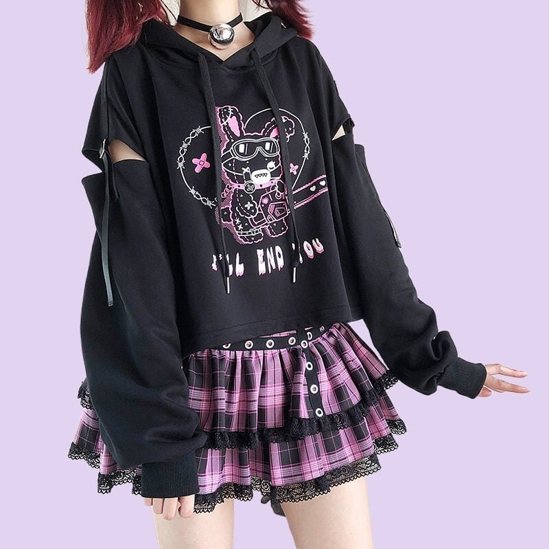 Cropped Hoodie With Cut-Outs And Pink Plaid Skirt Cropped Hoodie With Cut-Outs And Pink Plaid Skirt — Emo Outfits
