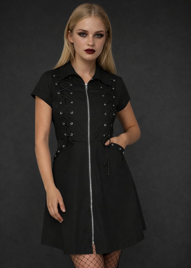 Lace-Up Mini Dress With Zipper And Fishnets Lace-Up Mini Dress With Zipper And Fishnets — Emo Outfits