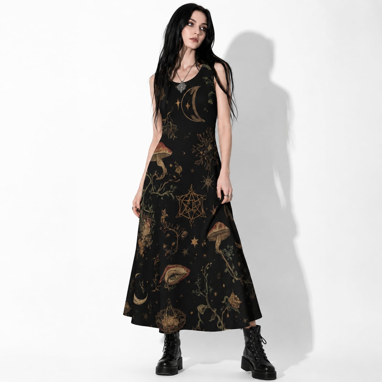 Maxi Dress With Whimsigoth Print And Combat Boots Maxi Dress With Whimsigoth Print And Combat Boots — Emo Outfits