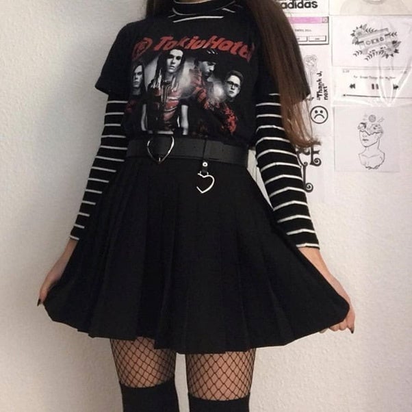 Graphic Tee Over Striped Shirt With Pleated Skirt Graphic Tee Over Striped Shirt With Pleated Skirt — Emo Outfits