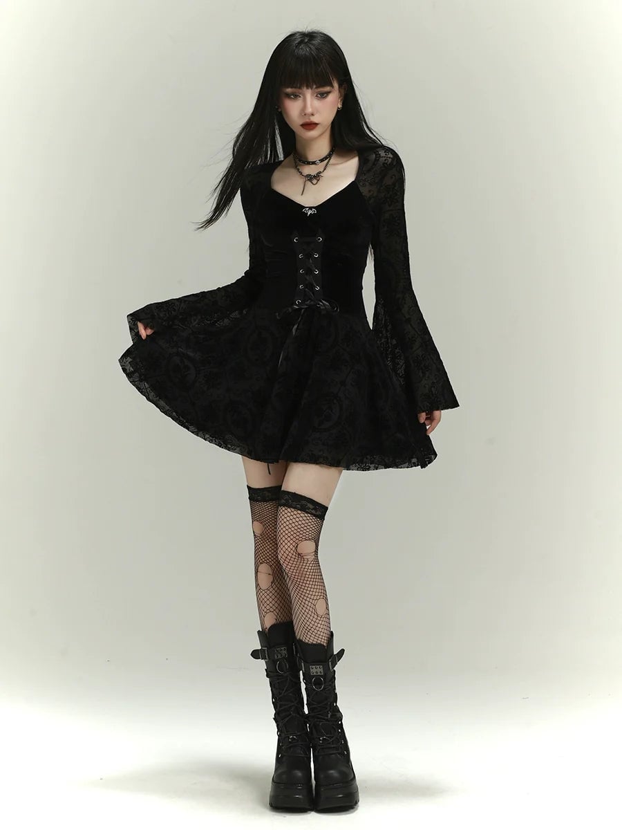 Velvet Lace Bell-Sleeve Dress With Corset Detail Velvet Lace Bell-Sleeve Dress With Corset Detail — Emo Outfits