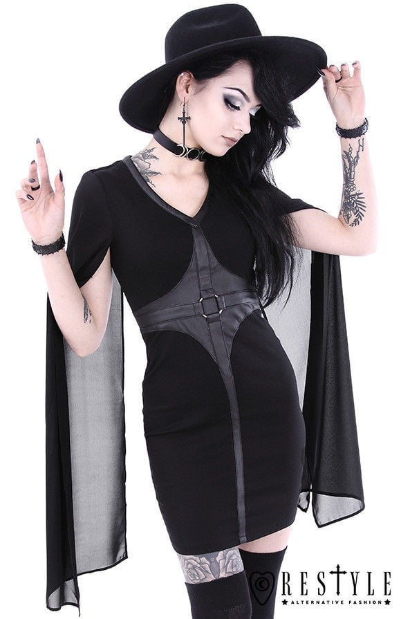 Fitted Dress With Cape Sleeves And O-Ring Belt Fitted Dress With Cape Sleeves And O-Ring Belt — Emo Outfits