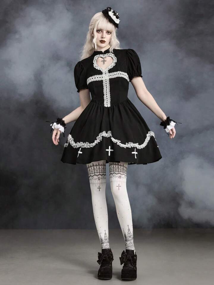 Gothic Dress With Puff Sleeves And Cross Stockings Gothic Dress With Puff Sleeves And Cross Stockings — Emo Outfits
