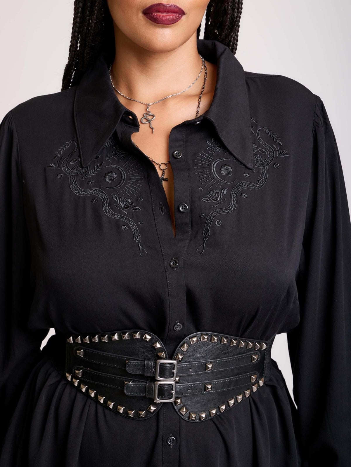 Embroidered Collared Shirt With Studded Corset Belt Embroidered Collared Shirt With Studded Corset Belt — Emo Outfits