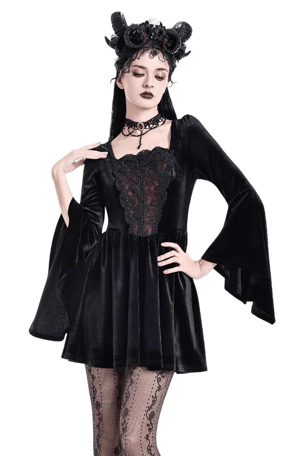 Velvet Dress With Bell Sleeves And Lace Trim Velvet Dress With Bell Sleeves And Lace Trim — Emo Outfits