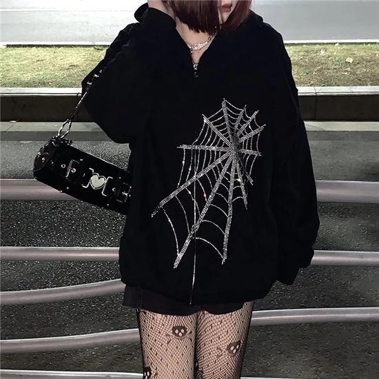 Oversized Spider Web Hoodie With Fishnet Stockings Oversized Spider Web Hoodie With Fishnet Stockings — Emo Outfits