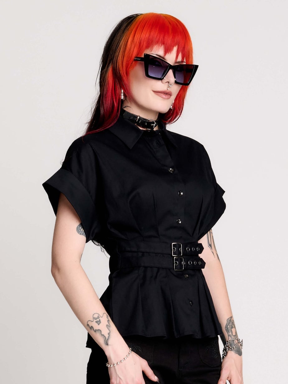 Black Collared Shirt With Buckled Belt Detail Black Collared Shirt With Buckled Belt Detail — Emo Outfits