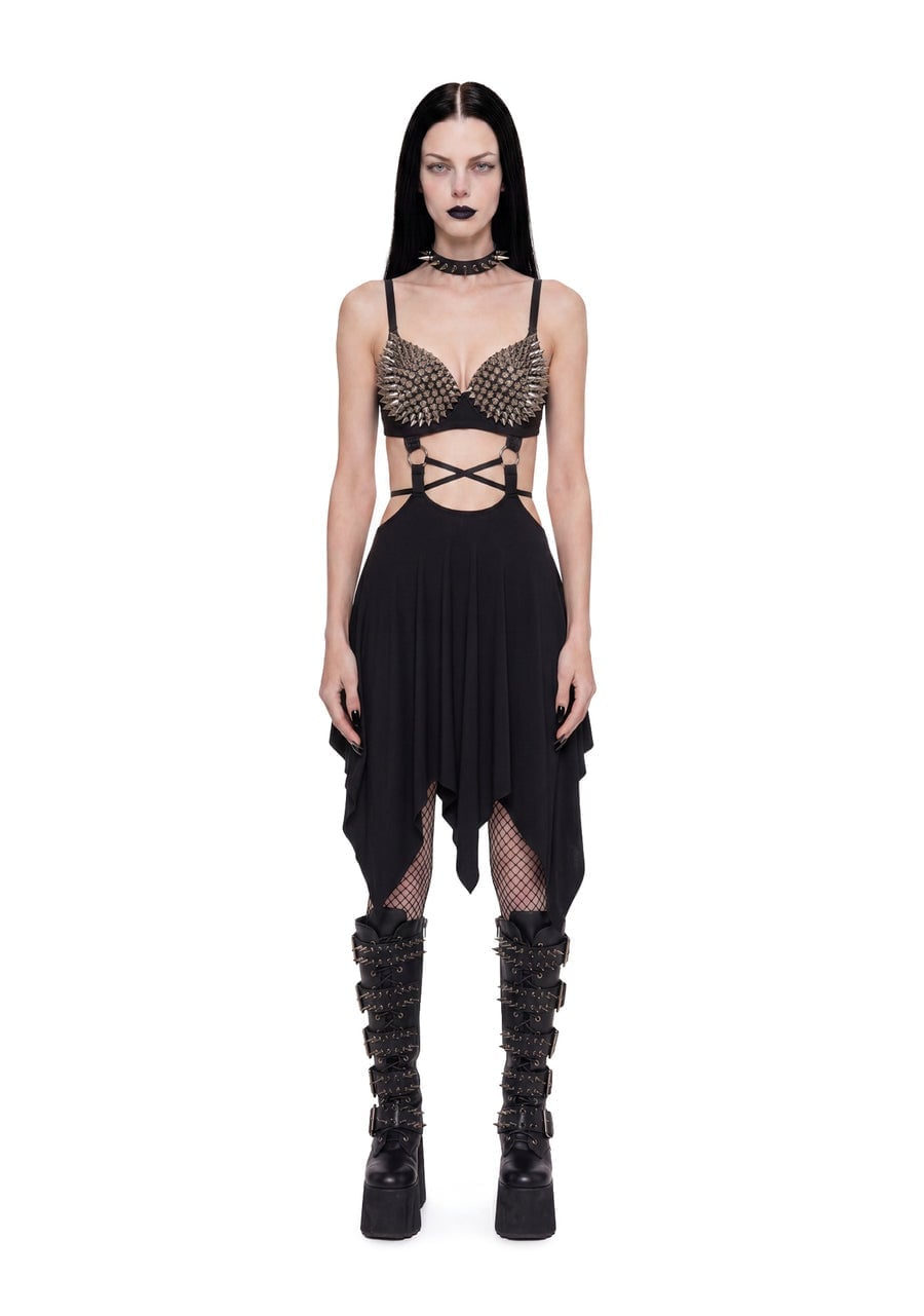 Studded Bra With Handkerchief Skirt And Combat Boots Studded Bra With Handkerchief Skirt And Combat Boots — Emo Outfits