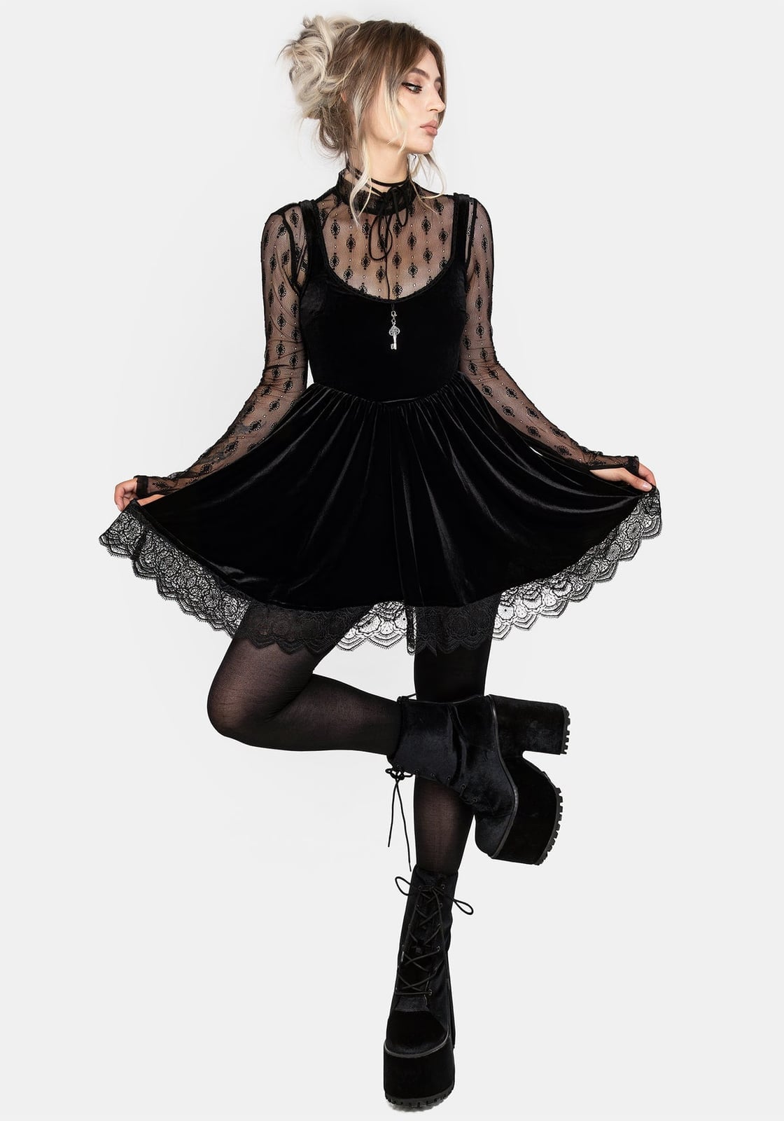 Velvet mini dress over sheer top for textural layering Velvet mini dress over sheer top for textural layering — Emo Style