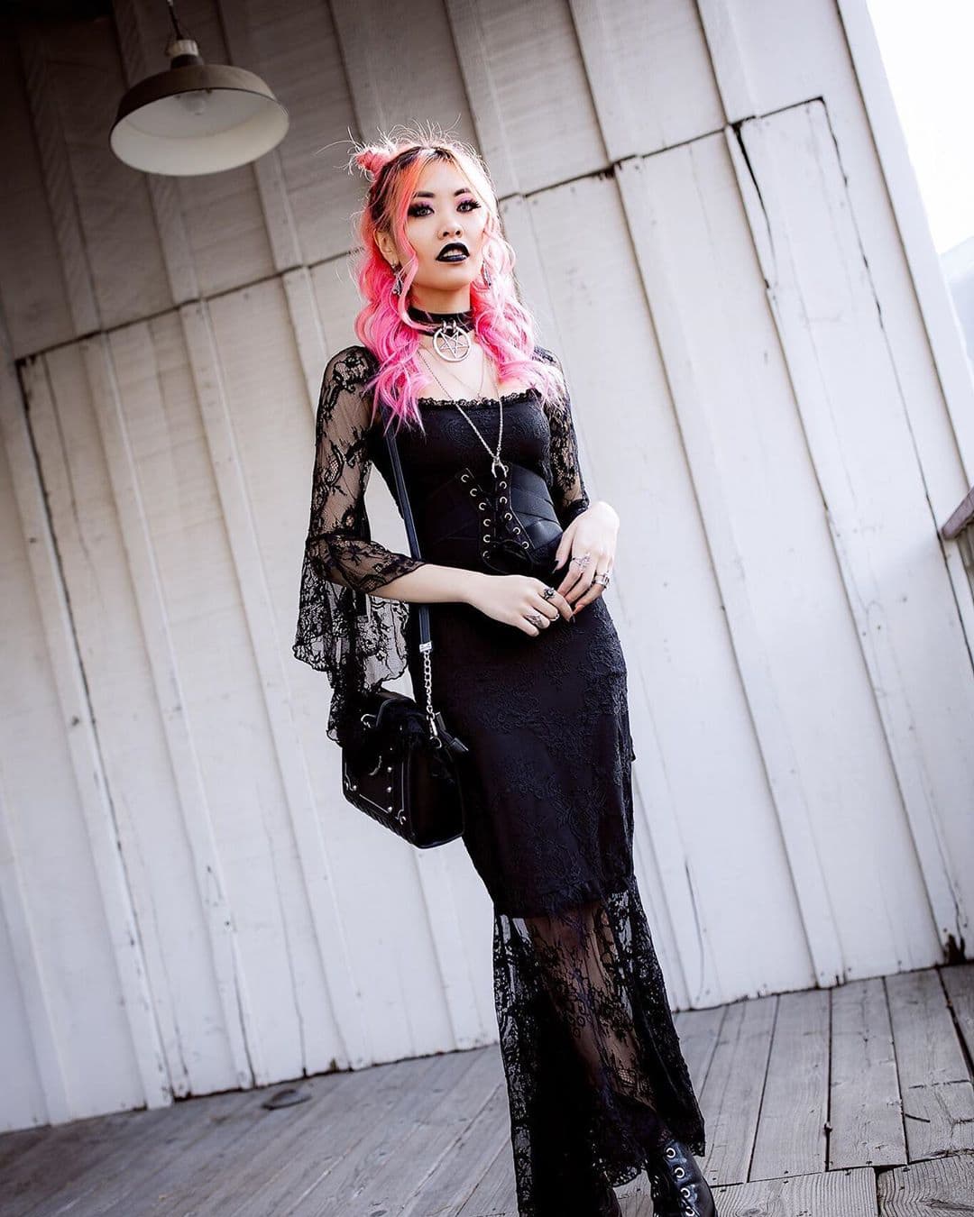 Lace maxi dress with bell sleeves and corset belt Lace maxi dress with bell sleeves and corset belt — Emo Style