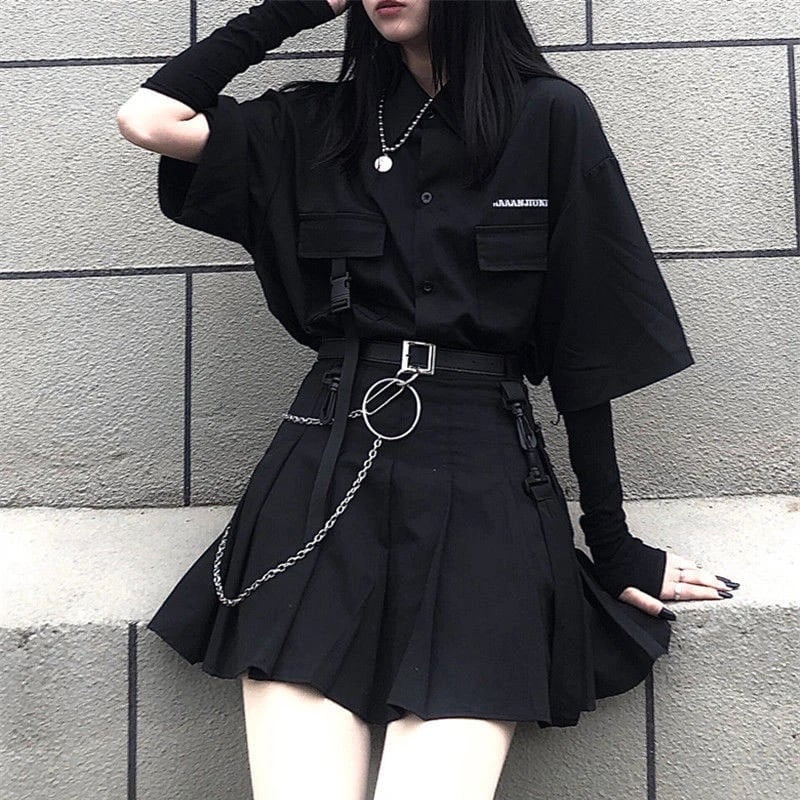 Button-up shirt over skirt offers a polished emo edge Button-up shirt over skirt offers a polished emo edge — Emo Style