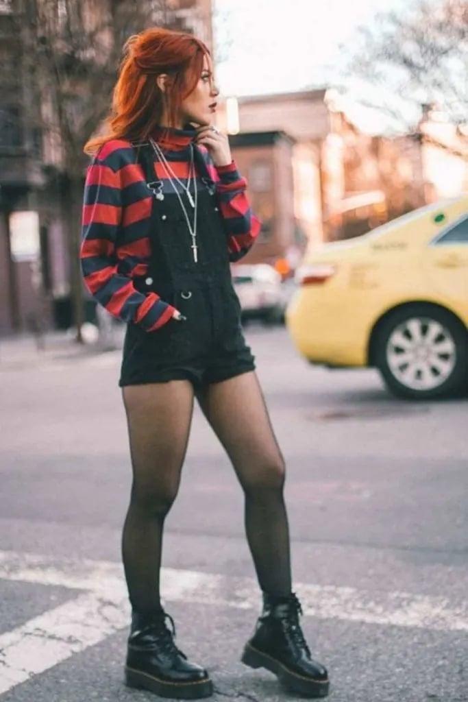 Denim overalls layered over stripes for a schoolgirl emo look Denim overalls layered over stripes for a schoolgirl emo look — Emo Style