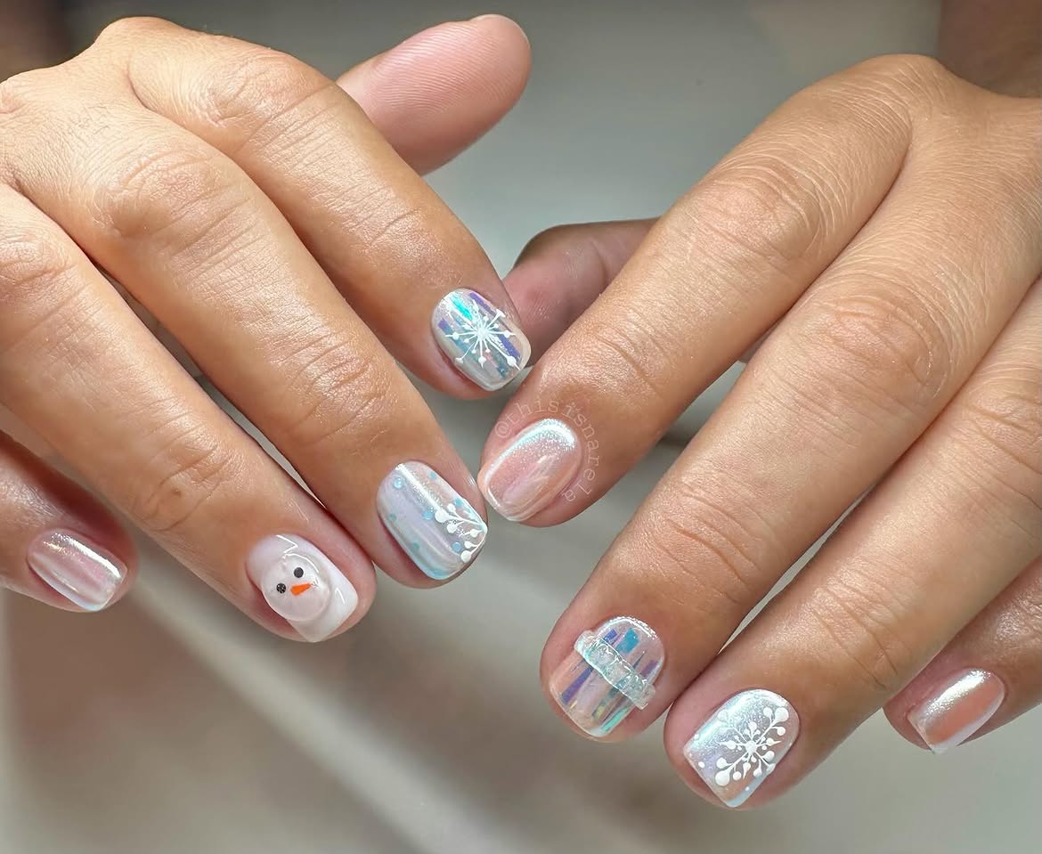 Enchanting Snow Globe Manicure with Snowman Accent
