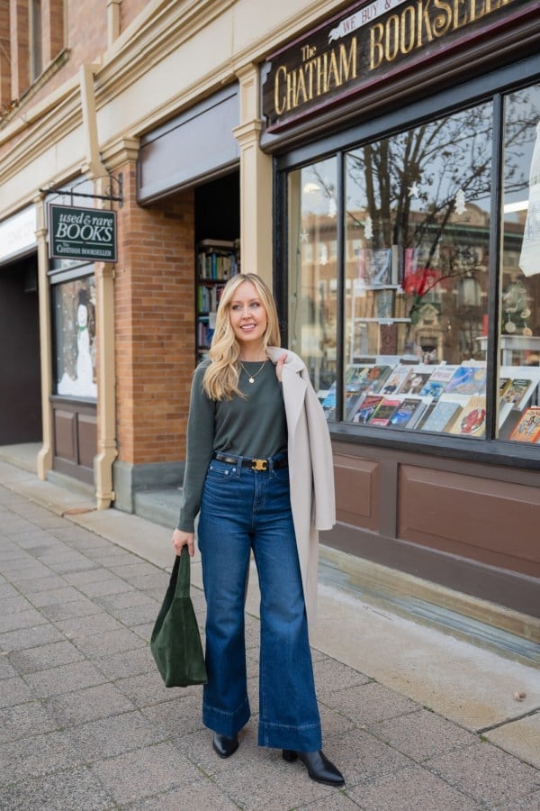 Cream Long Coat Wide Leg Jeans and Crewneck Sweater Cream Long Coat Wide Leg Jeans and Crewneck Sweater — Errands Outfits