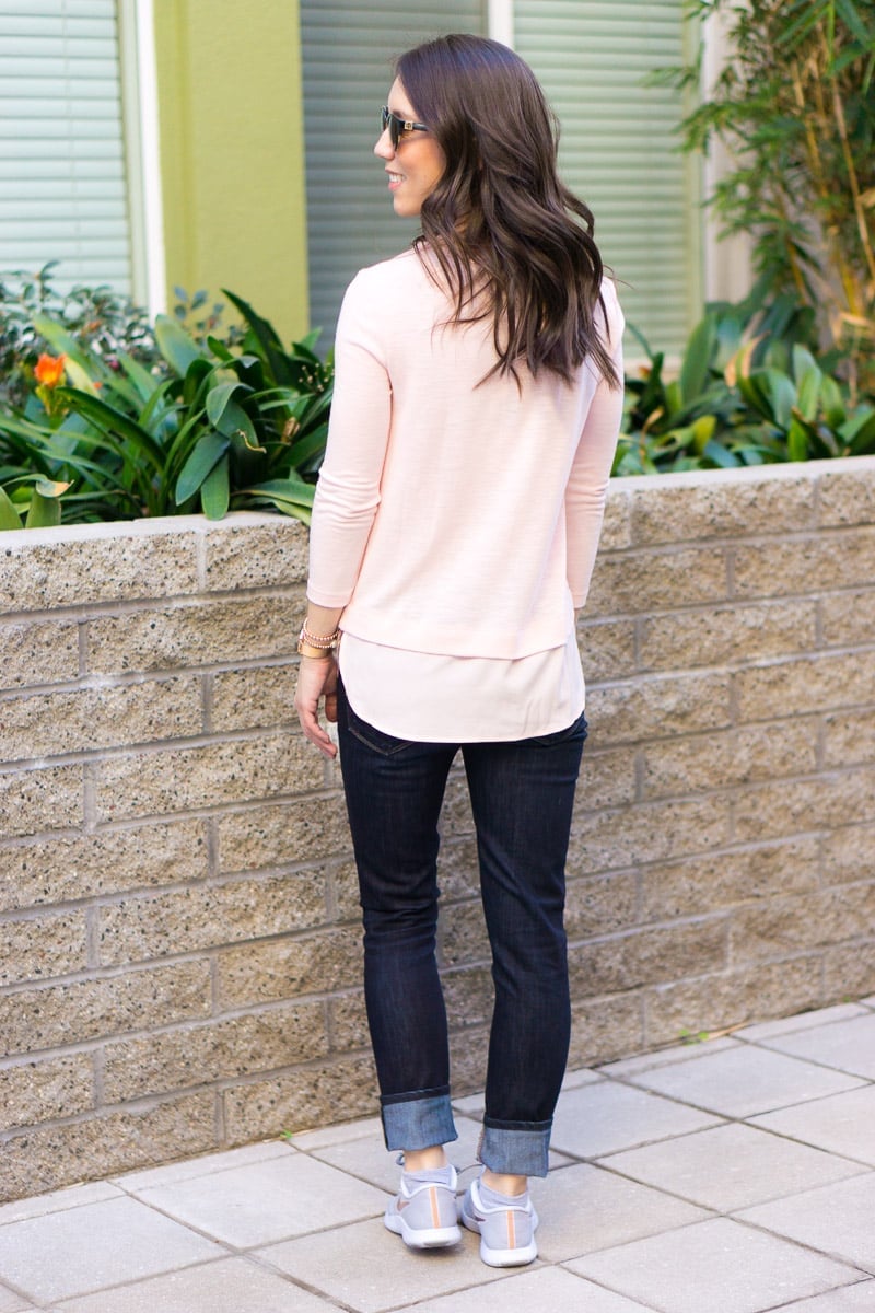 Layered Pink Tops Cuffed Jeans and Gray Sneakers Layered Pink Tops Cuffed Jeans and Gray Sneakers — Errands Outfits