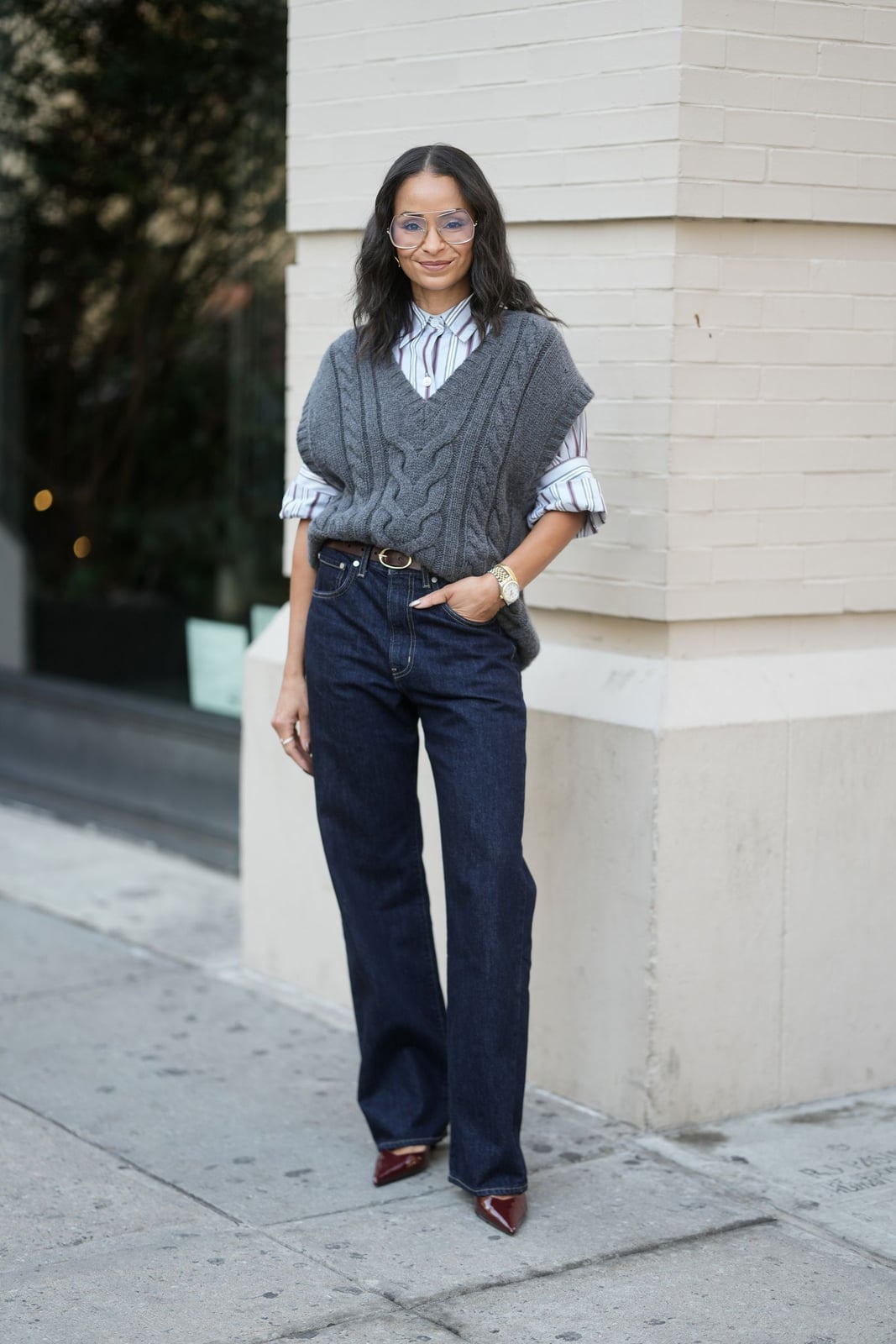 Cable Knit Vest Over Striped Shirt with Straight Leg Jeans Cable Knit Vest Over Striped Shirt with Straight Leg Jeans — Errands Outfits