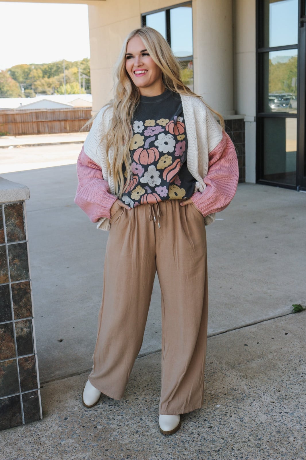 Color-Blocked Cardigan Graphic Tee and Wide Leg Trousers Color-Blocked Cardigan Graphic Tee and Wide Leg Trousers — Errands Outfits
