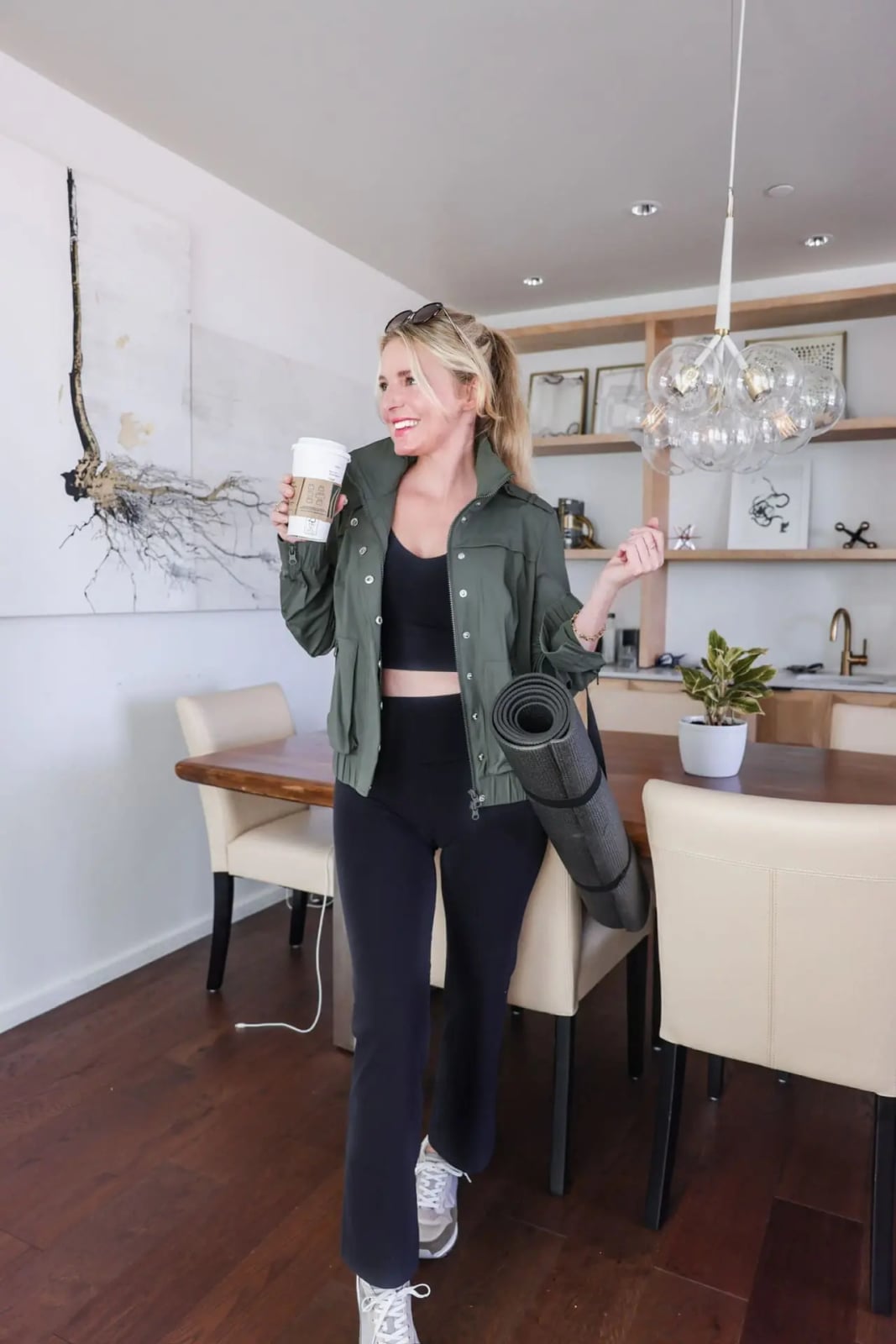 Green Utility Jacket Sports Bra Flare Leggings and Sneakers Green Utility Jacket Sports Bra Flare Leggings and Sneakers — Errands Outfits