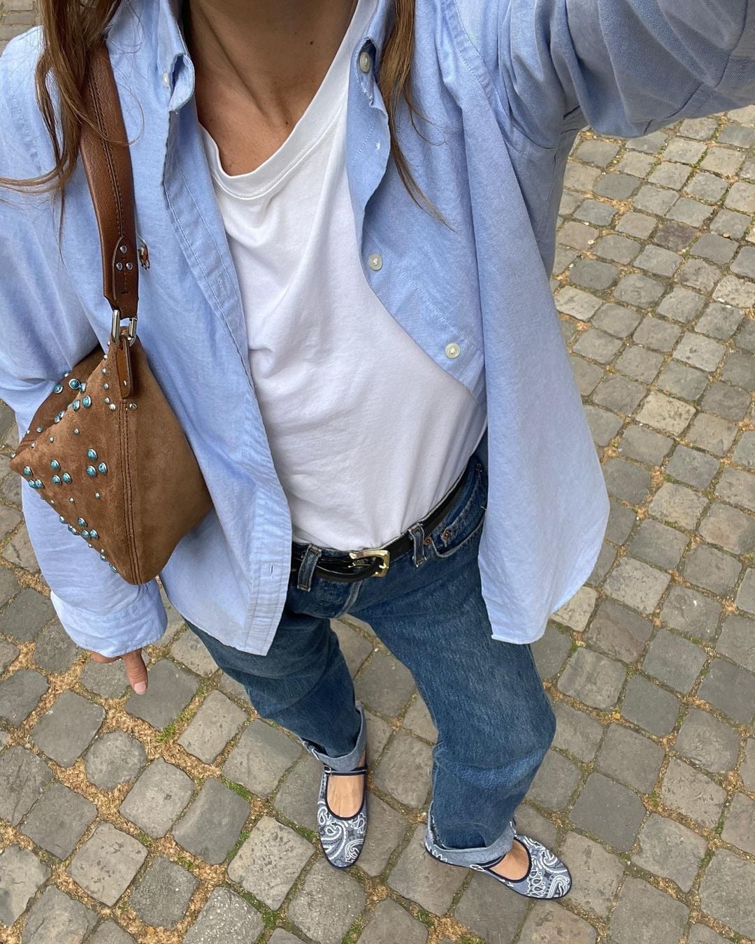 Oxford Shirt White Tee and Printed Ballet Flats Oxford Shirt White Tee and Printed Ballet Flats — Errands Outfits