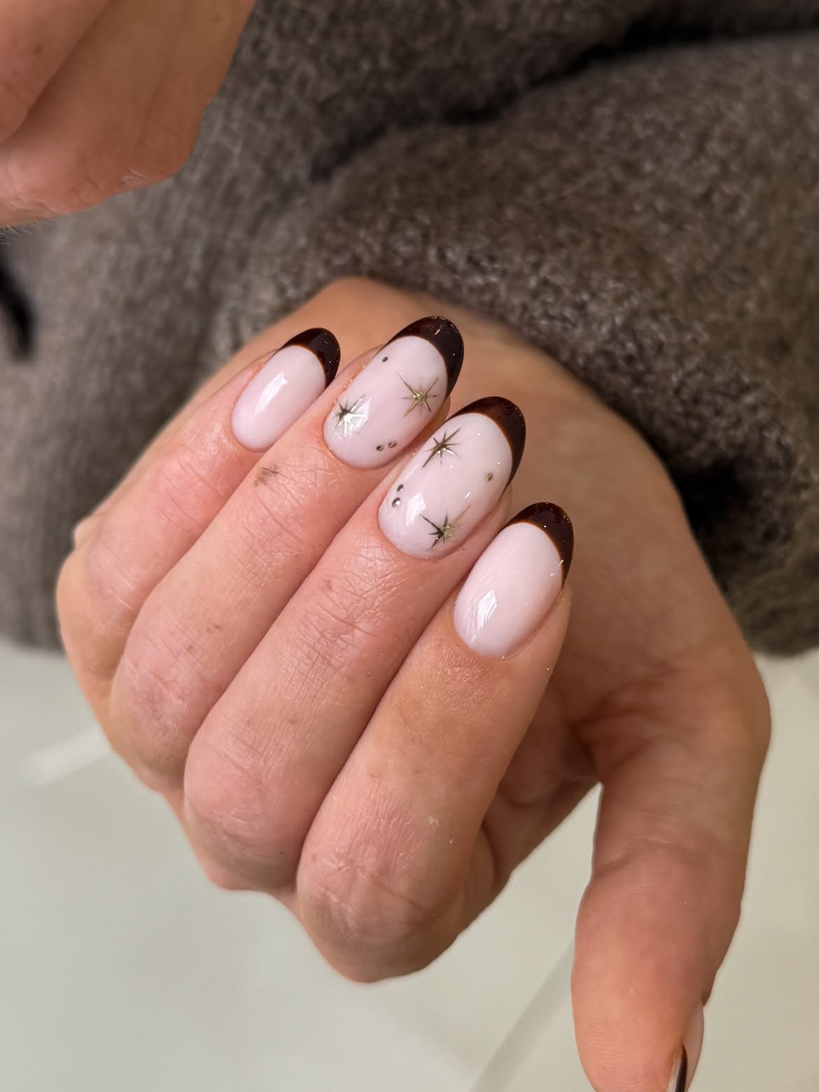 Espresso French Tip Nails with Celestial Star Art