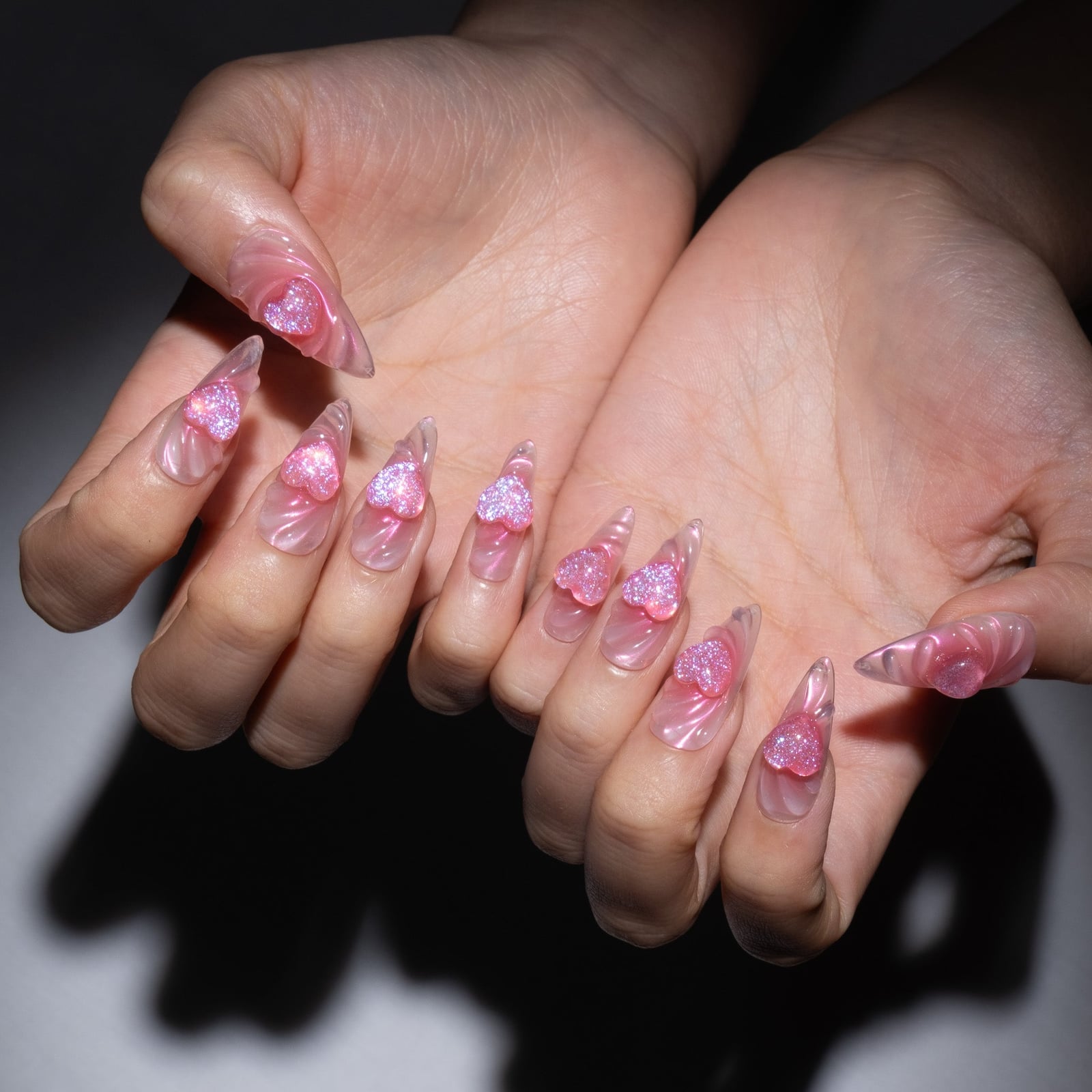 Very Long Stiletto Pink Heart Nails Very Long Stiletto Pink Heart Nails — Ethereal Nails