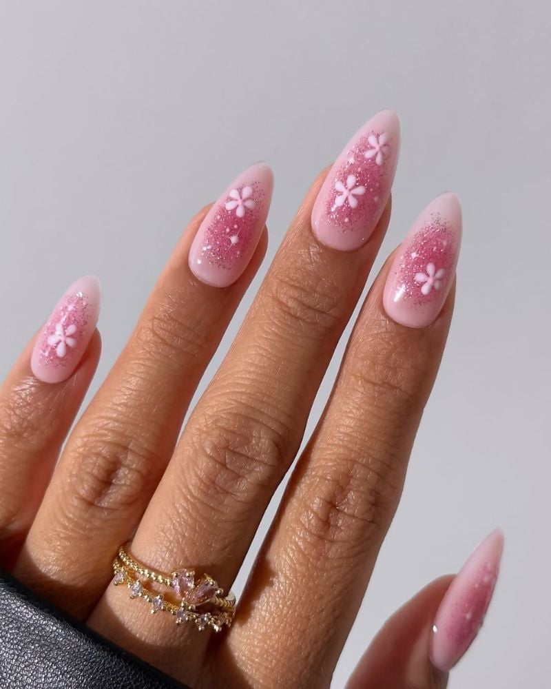 Medium Almond Glitter Floral Nails Medium Almond Glitter Floral Nails — Ethereal Nails