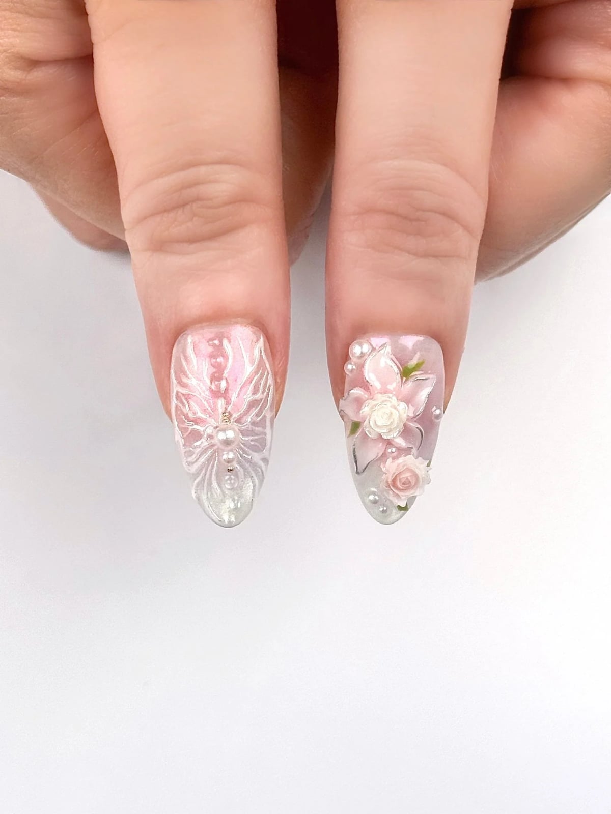 Short Almond 3D Floral Pearl Nails Short Almond 3D Floral Pearl Nails — Ethereal Nails