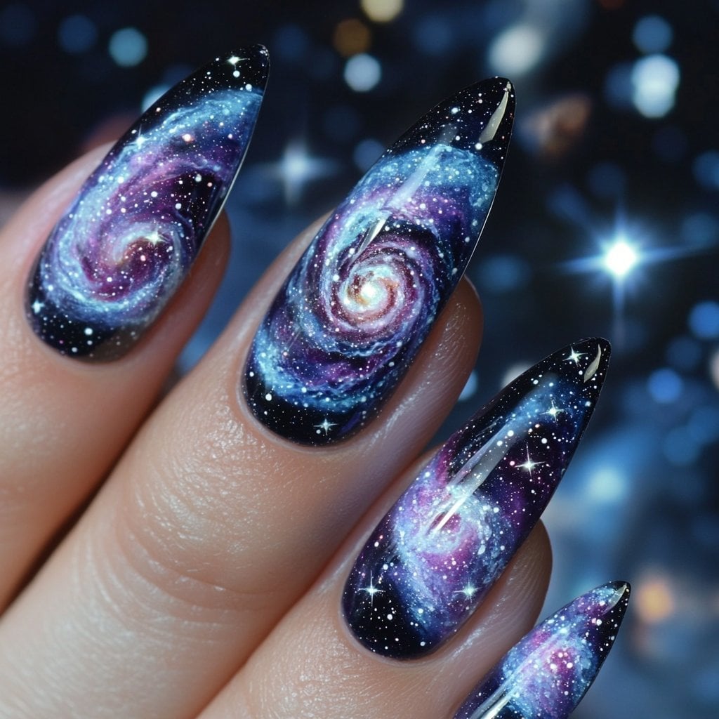Long Stiletto Galaxy Swirl Nails Long Stiletto Galaxy Swirl Nails — Ethereal Nails