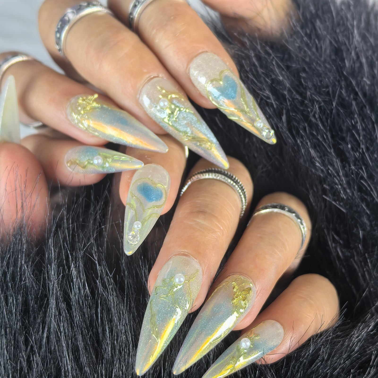 Long Sharp Blue Heart Swirl Nails, длинные острые ногти Long Sharp Blue Heart Swirl Nails, длинные острые ногти — Ethereal Nails