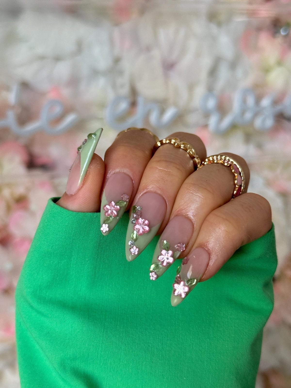 Long Stiletto Green French Floral Nails Long Stiletto Green French Floral Nails — Ethereal Nails
