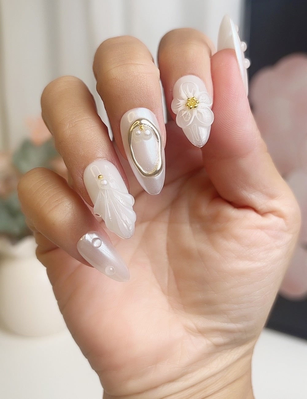 Medium Almond Pearlescent Flower Nails Medium Almond Pearlescent Flower Nails — Ethereal Nails