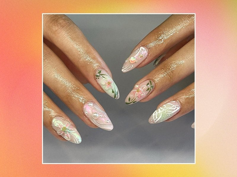 Medium Almond Milky Floral Pearl Nails Medium Almond Milky Floral Pearl Nails — Ethereal Nails
