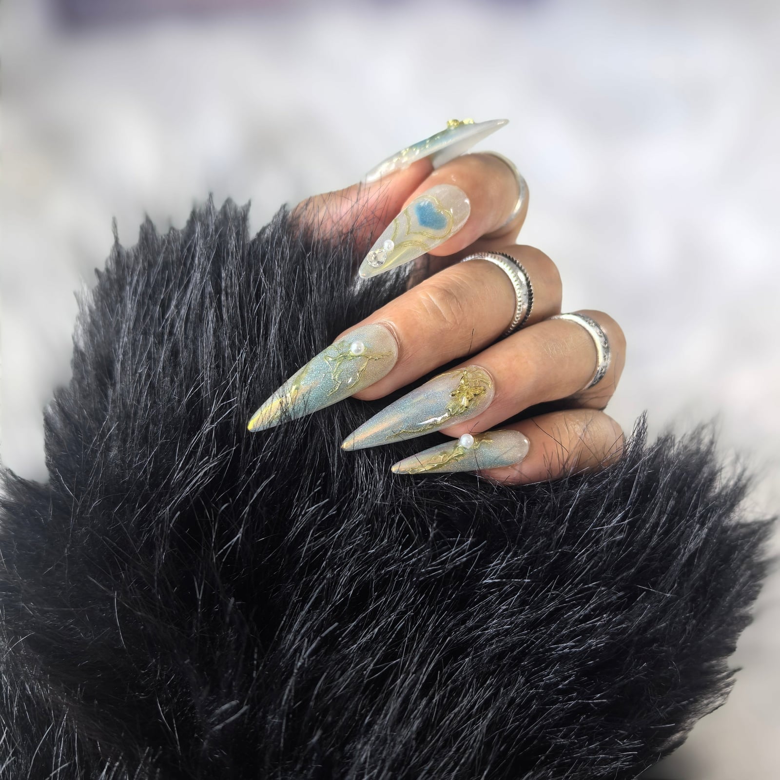 Long Sharp Blue Heart Swirl Nails Long Sharp Blue Heart Swirl Nails — Ethereal Nails
