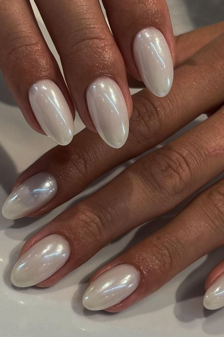 Short Almond Pearlescent White Nails Short Almond Pearlescent White Nails — Ethereal Nails