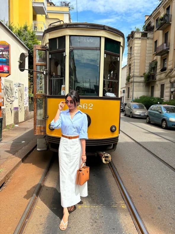 Blue button-down with white linen maxi skirt Blue button-down with white linen maxi skirt — Europe Outfits