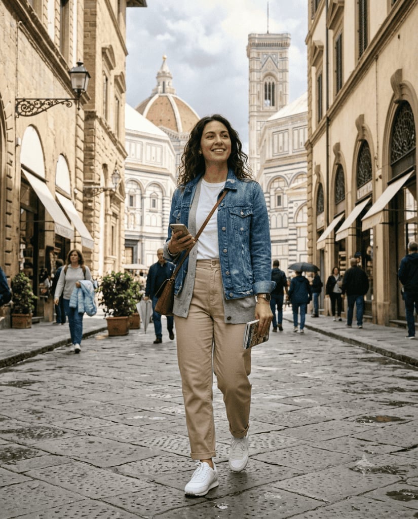 Denim jacket layered over gray cardigan for sightseeing Denim jacket layered over gray cardigan for sightseeing — Europe Outfits