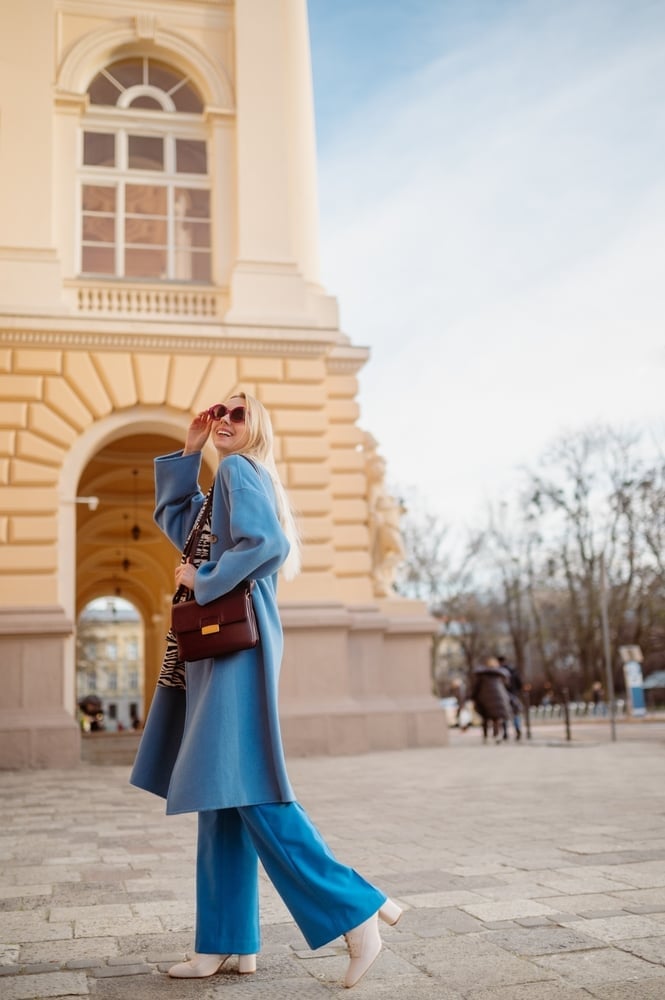 Light blue wool coat over wide-leg trousers Light blue wool coat over wide-leg trousers — Europe Outfits